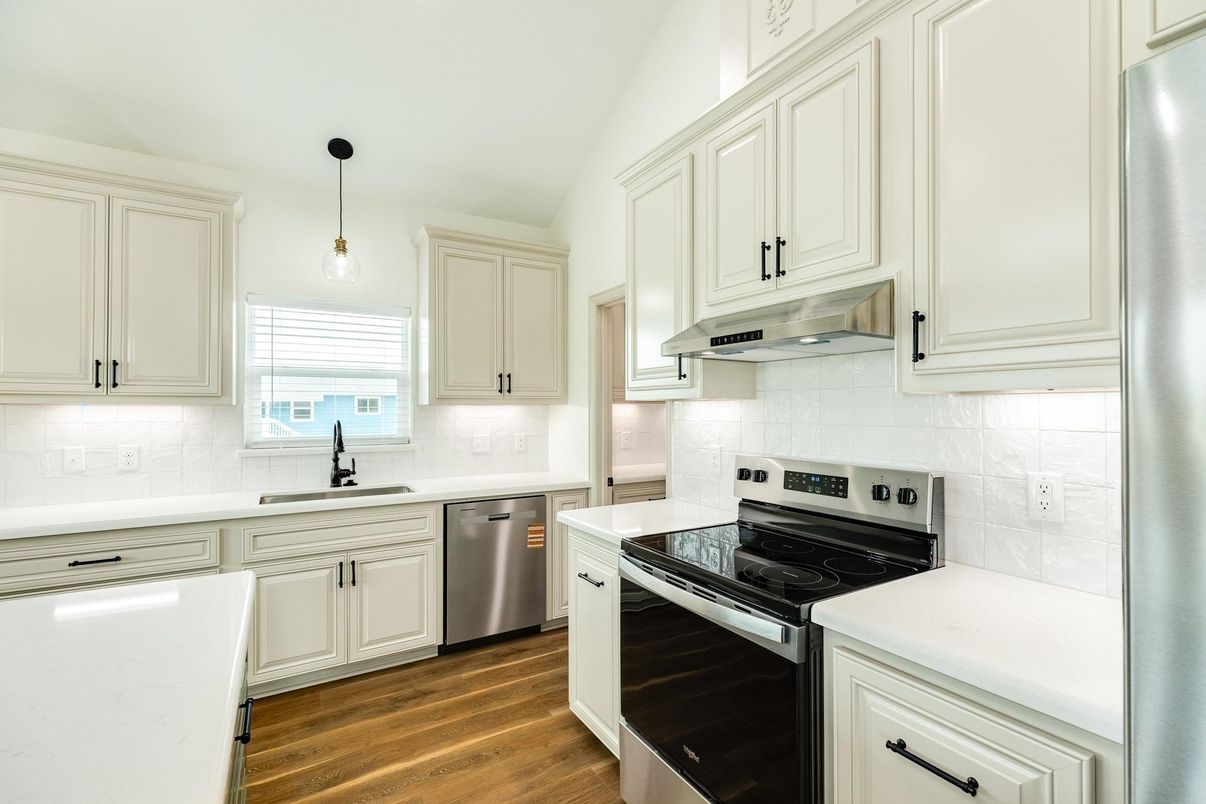 Interior, Kitchen, Pendant Lights, Stainless Steel Appliances, Wood Texture Flooring
