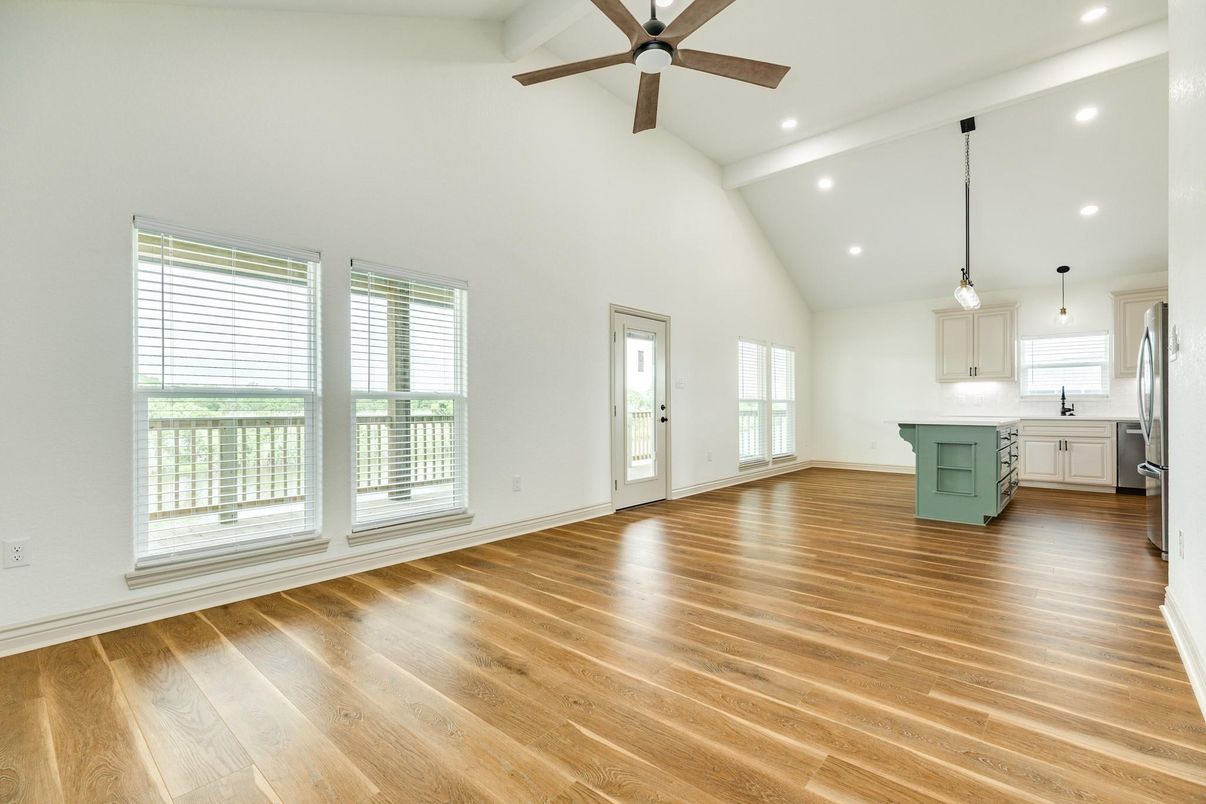 Empty room, Interior, Kitchen, Pendant Lights, Recessed Lighting, Wood Texture Flooring