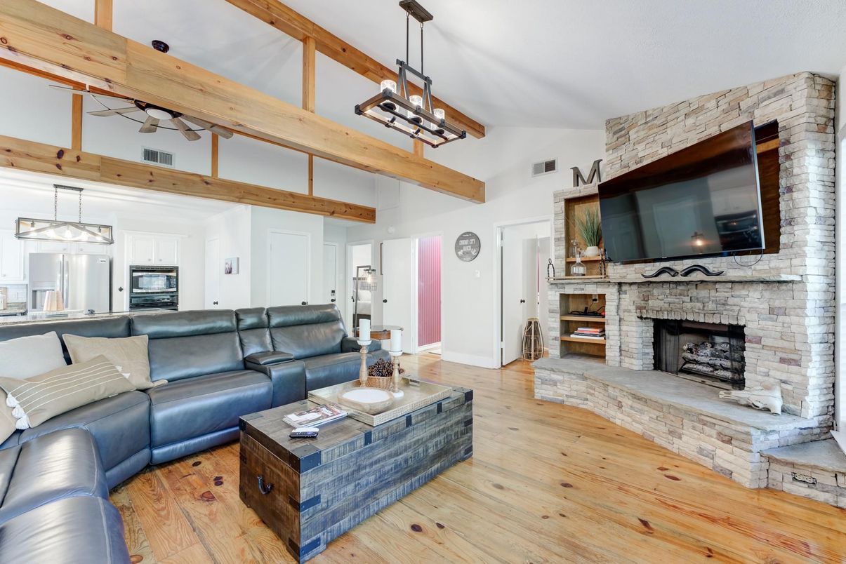 Fireplace, Interior, Kitchen, Living room, Pendant Lights, Stone Walls, Wooden Beams, Wood Texture Flooring