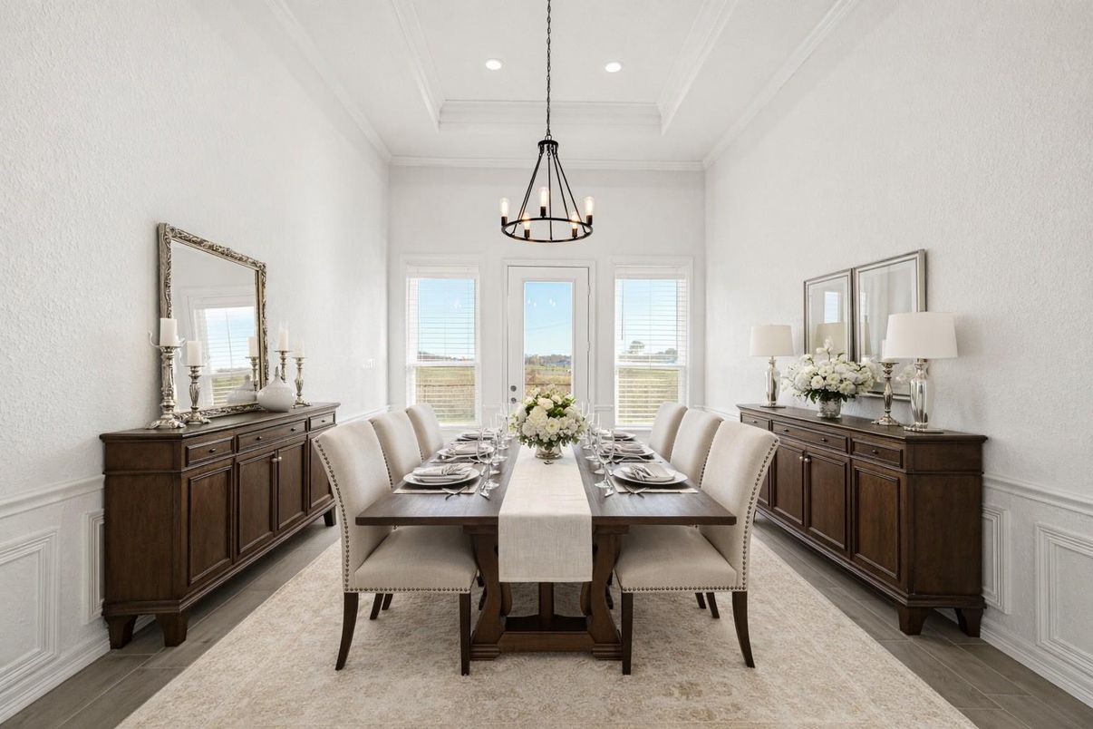 Chandelier, Dining room, Interior, Pendant Lights, Recessed Lighting, Wood Texture Flooring