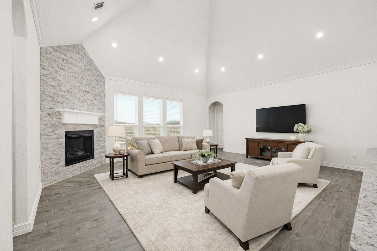 Fireplace, Interior, Living room, Recessed Lighting, Stone Walls, Wood Texture Flooring