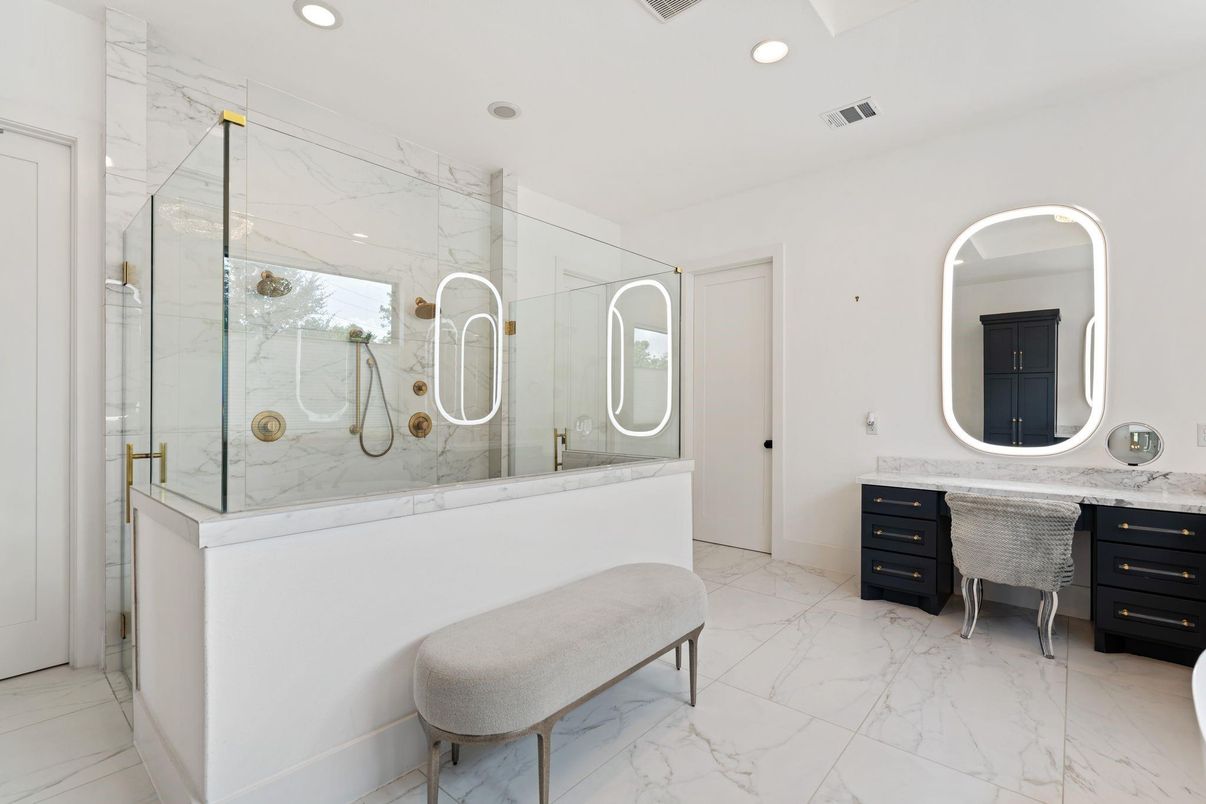 Bathroom, Glass Shower, Interior, Marble, Marble Walls, Recessed Lighting