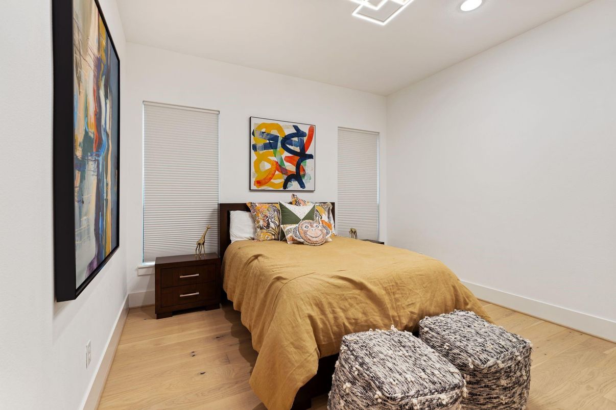 Bedroom, Interior, Recessed Lighting, Wood Texture Flooring