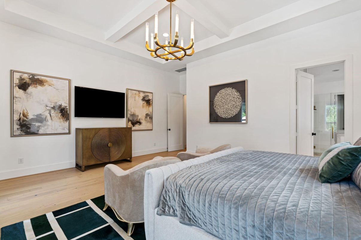 Bedroom, Chandelier, Interior, Wood Texture Flooring