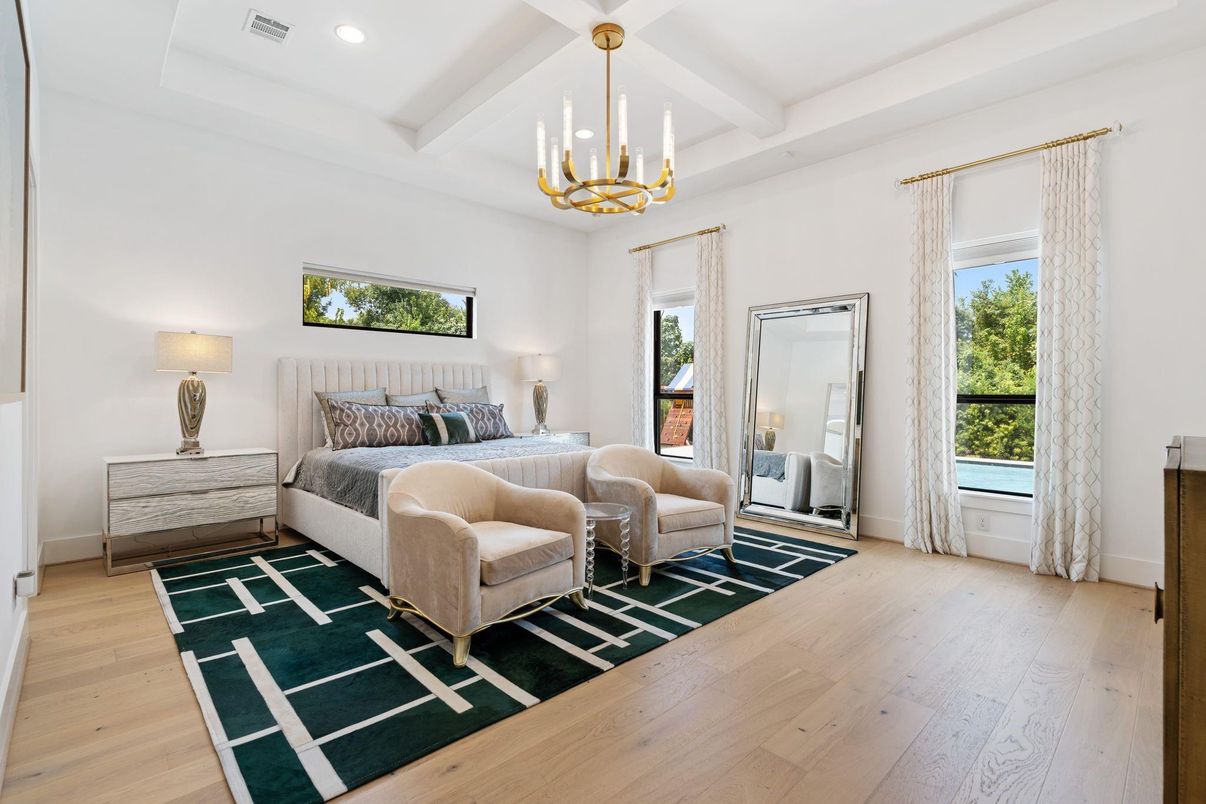Bedroom, Chandelier, Interior, Pendant Lights, Recessed Lighting, Wood Texture Flooring