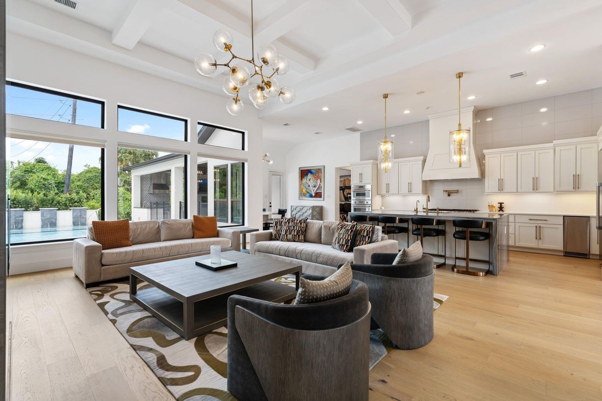 Interior, Kitchen, Living room, Pendant Lights, Recessed Lighting, Stainless Steel Appliances, Wood Texture Flooring