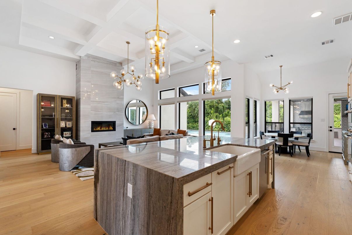 Dining room, Fireplace, Interior, Kitchen, Living room, Pendant Lights, Recessed Lighting, Wood Texture Flooring