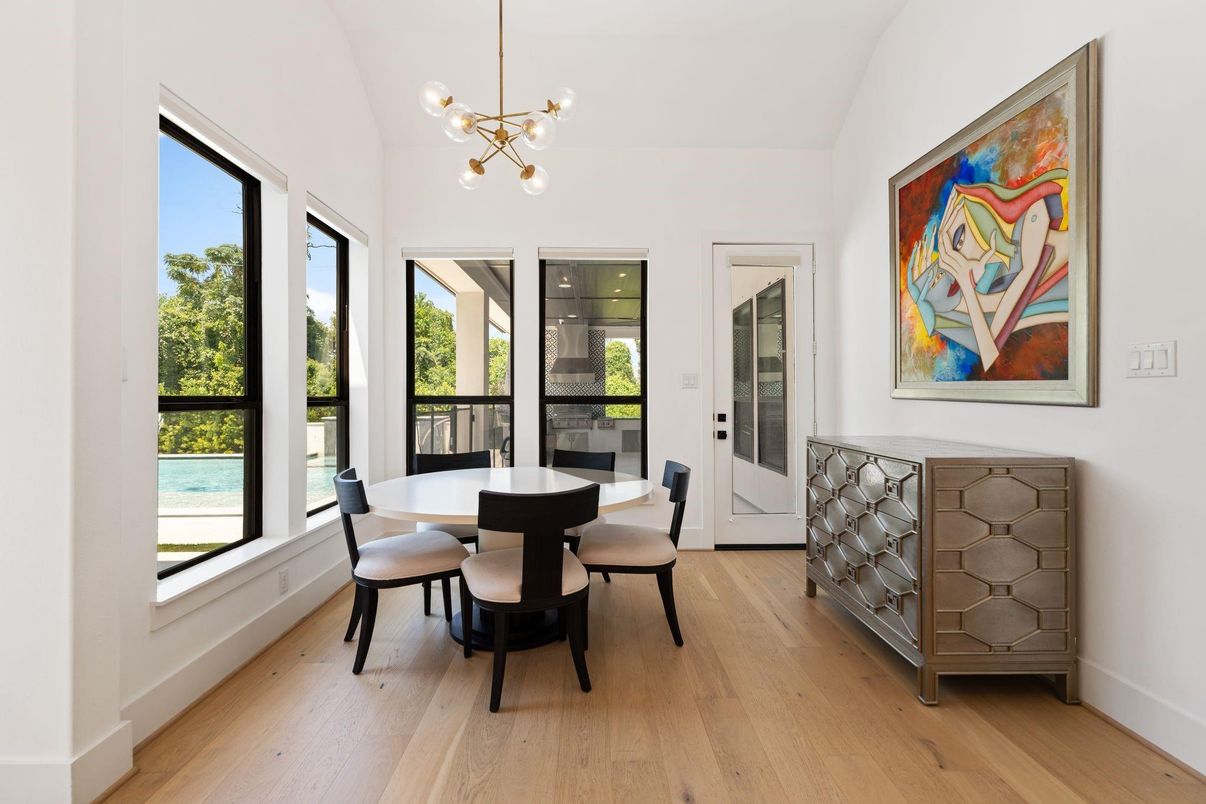 Dining room, Interior, Pendant Lights, Wood Texture Flooring