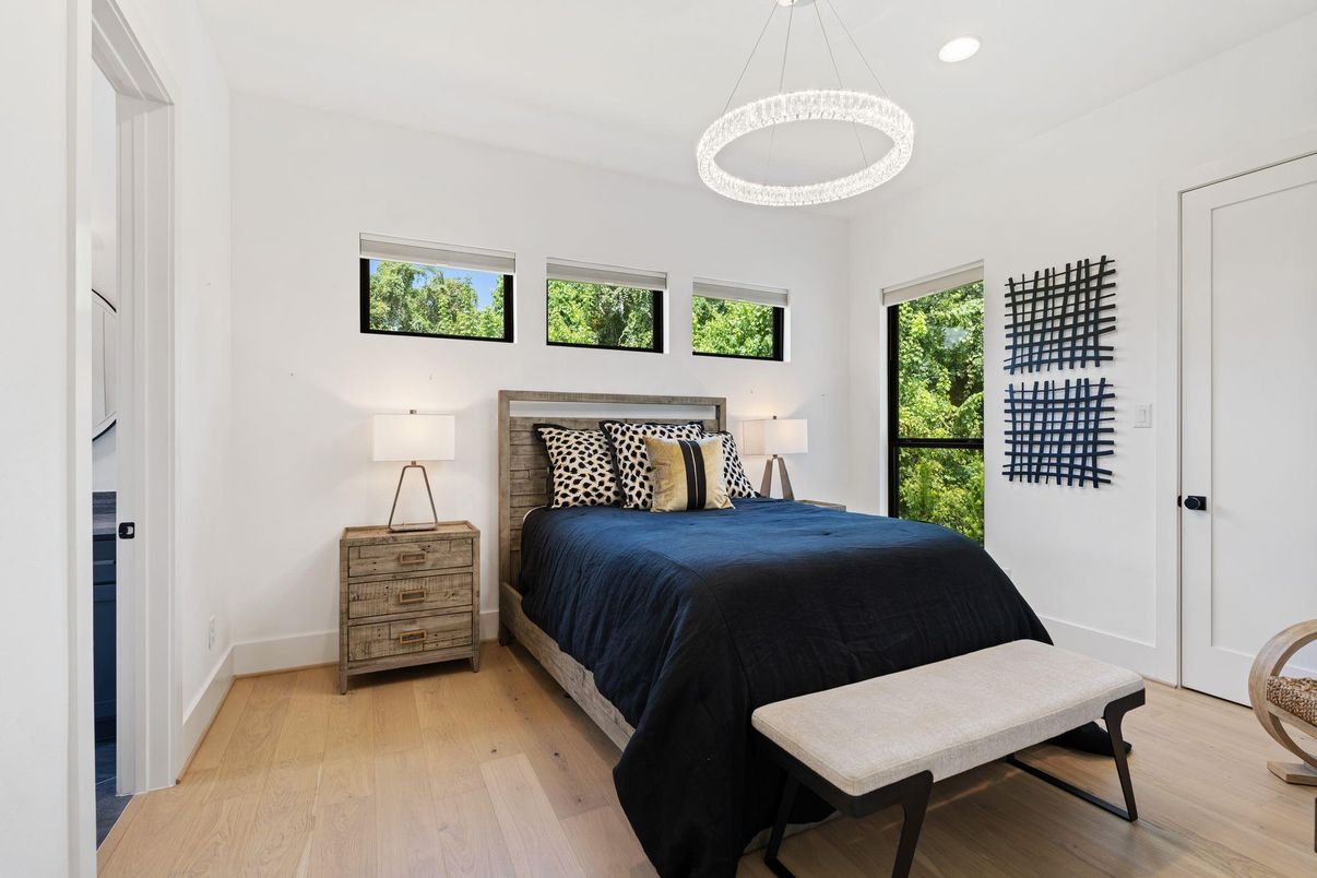 Bedroom, Interior, Pendant Lights, Recessed Lighting, Wood Texture Flooring