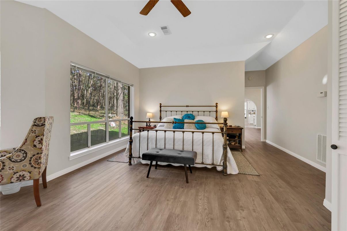 Bedroom, Interior, Recessed Lighting, Wood Texture Flooring