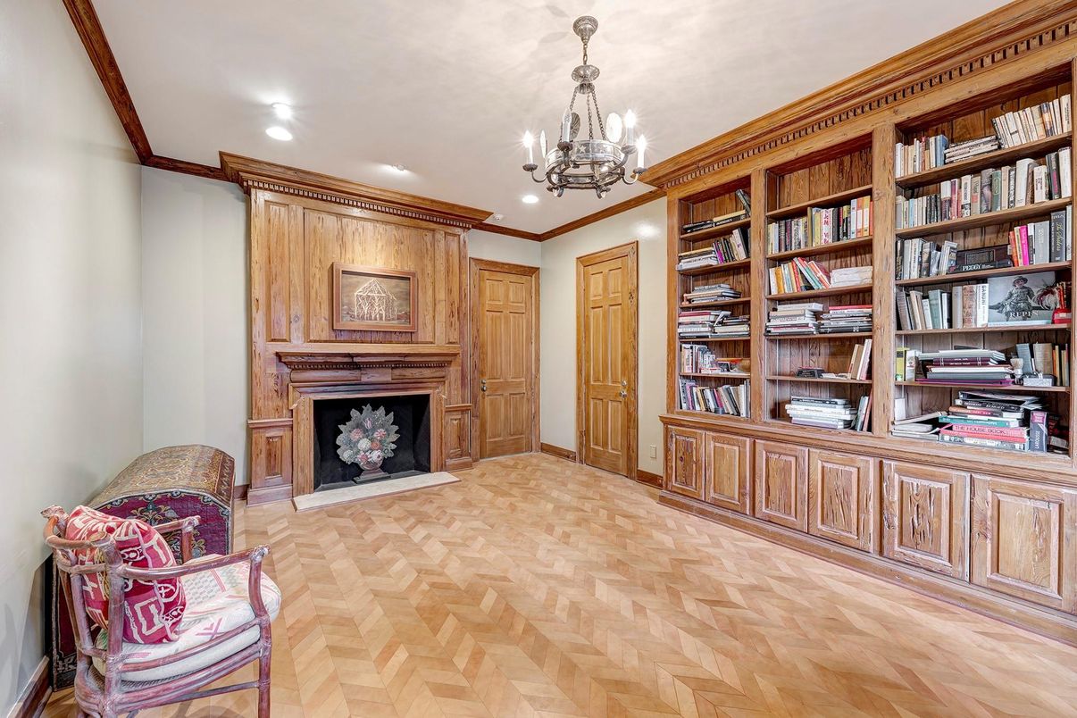 Chandelier, Fireplace, Interior, Recessed Lighting, Wood Texture Flooring, Wooden Walls