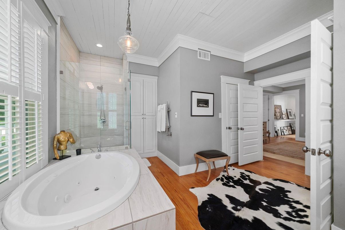 Bathroom, Glass Shower, Interior, Pendant Lights, Recessed Lighting, Wood Texture Flooring