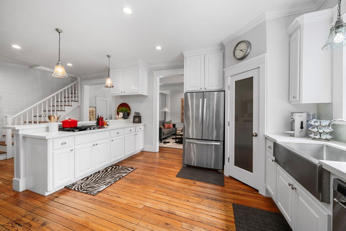Interior, Kitchen, Pendant Lights, Recessed Lighting, Stainless Steel Appliances, Wood Texture Flooring