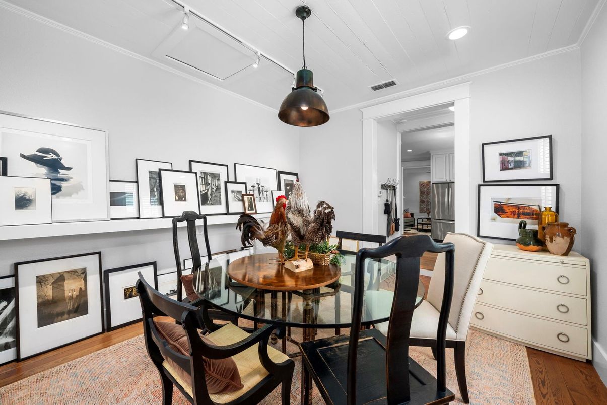 Dining room, Interior, Pendant Lights, Recessed Lighting, Wood Texture Flooring
