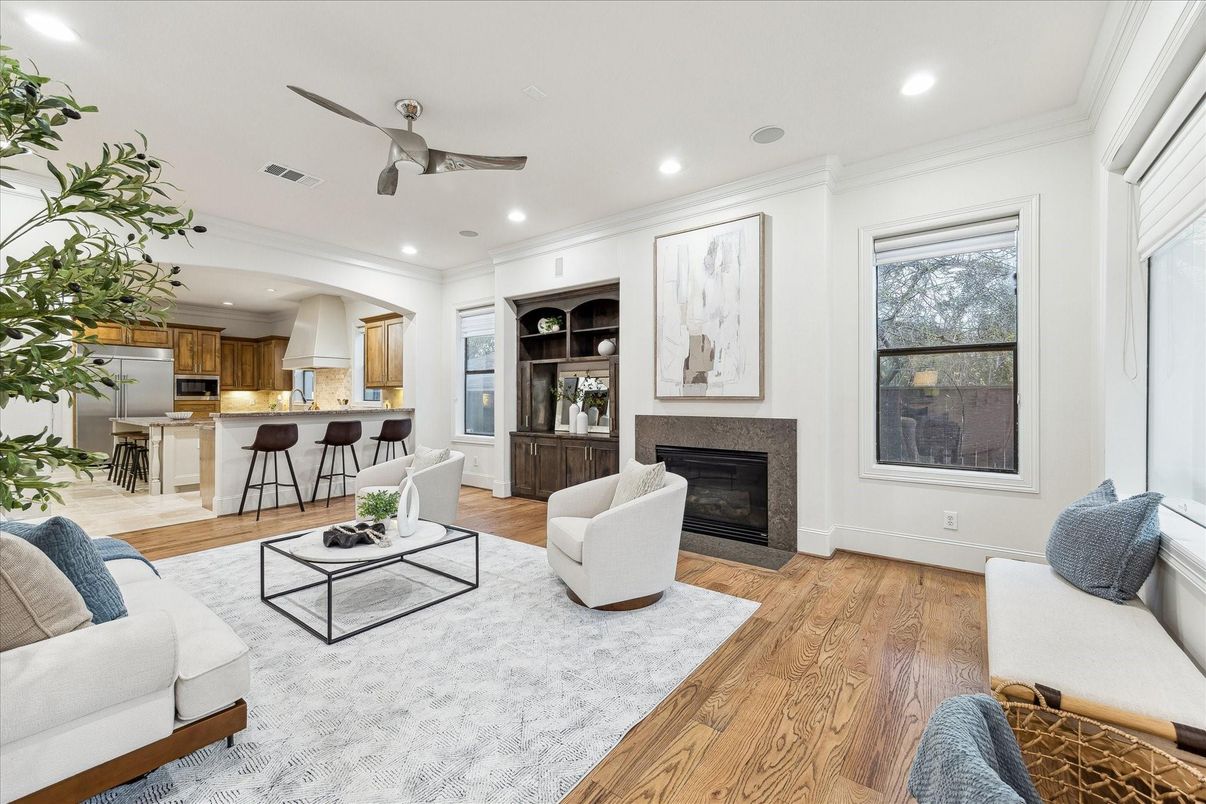 Fireplace, Interior, Kitchen, Living room, Recessed Lighting, Wood Texture Flooring