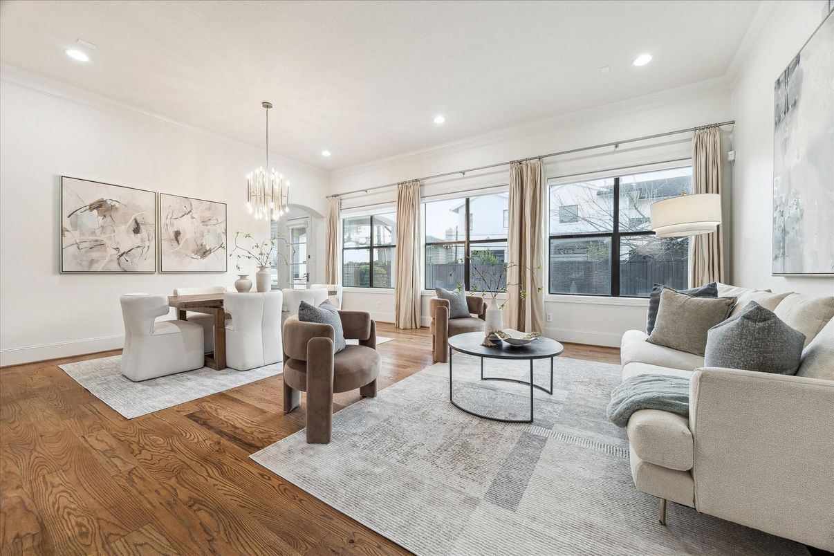 Chandelier, Dining room, Interior, Living room, Recessed Lighting, Wood Texture Flooring