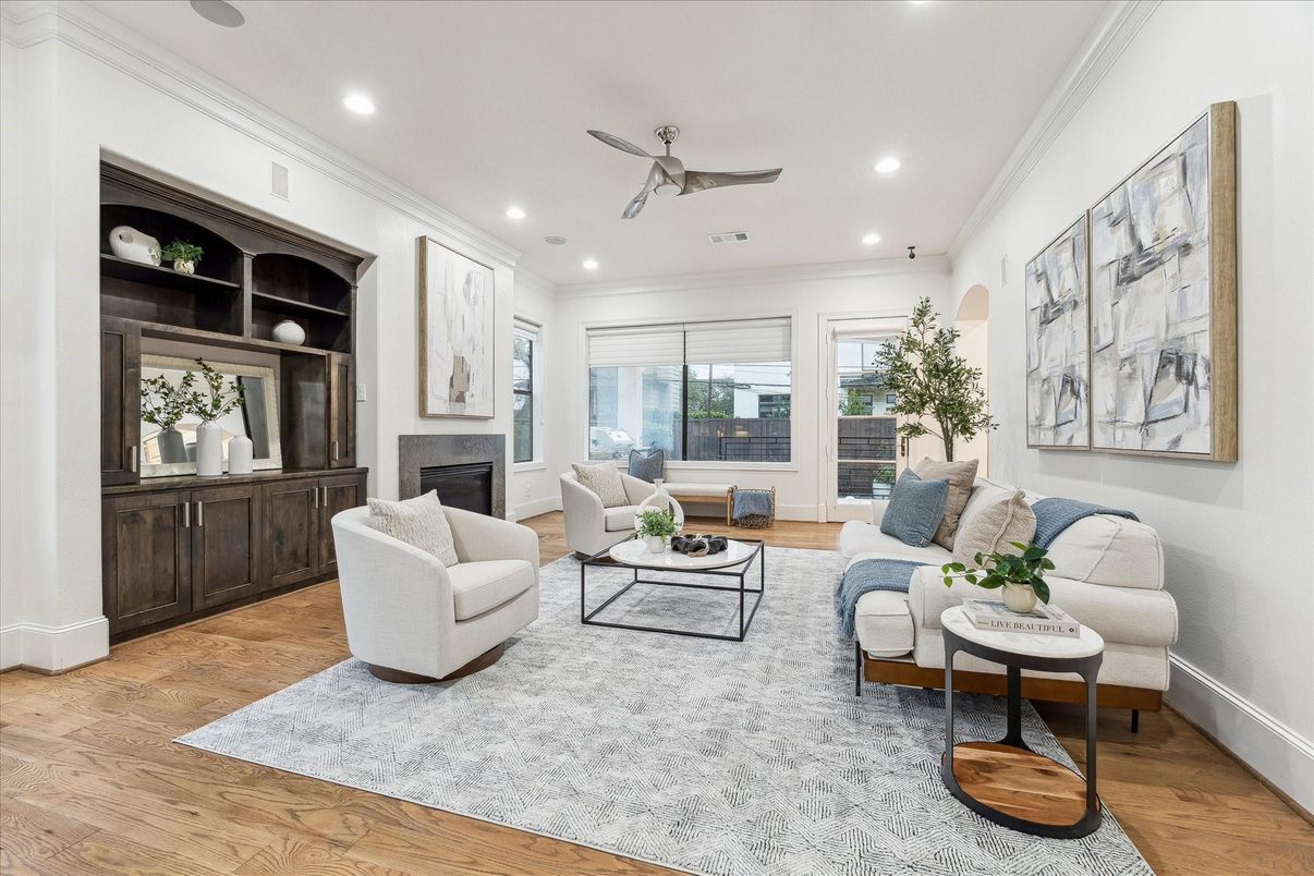 Fireplace, Interior, Living room, Recessed Lighting, Wood Texture Flooring