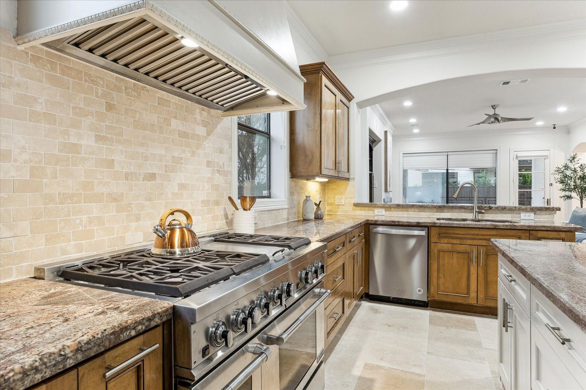 Interior, Kitchen, Recessed Lighting, Stainless Steel Appliances, Stone Walls