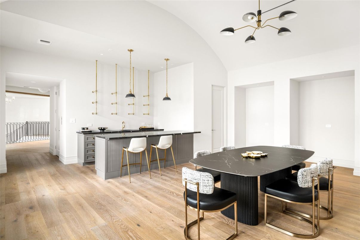 Dining room, Interior, Pendant Lights, Wood Texture Flooring