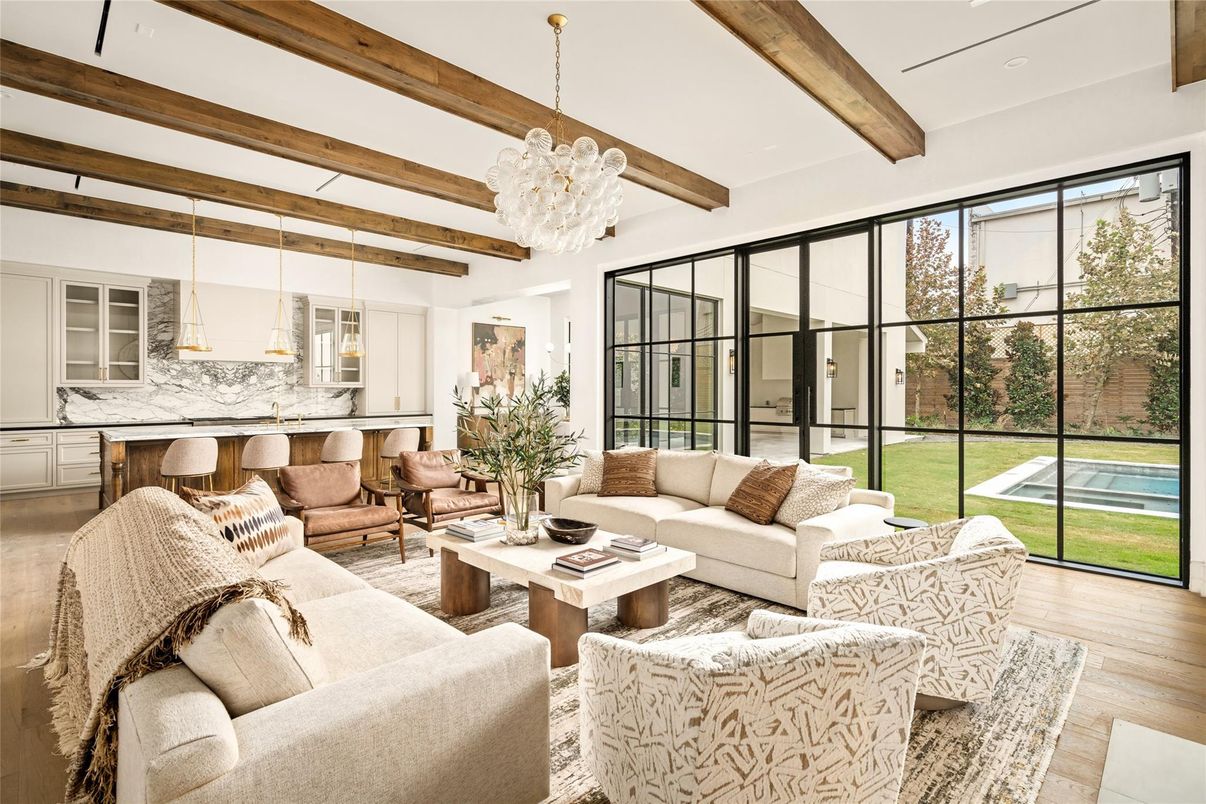 Chandelier, Interior, Living room, Marble Walls, Pendant Lights, Recessed Lighting, Wooden Beams, Wood Texture Flooring