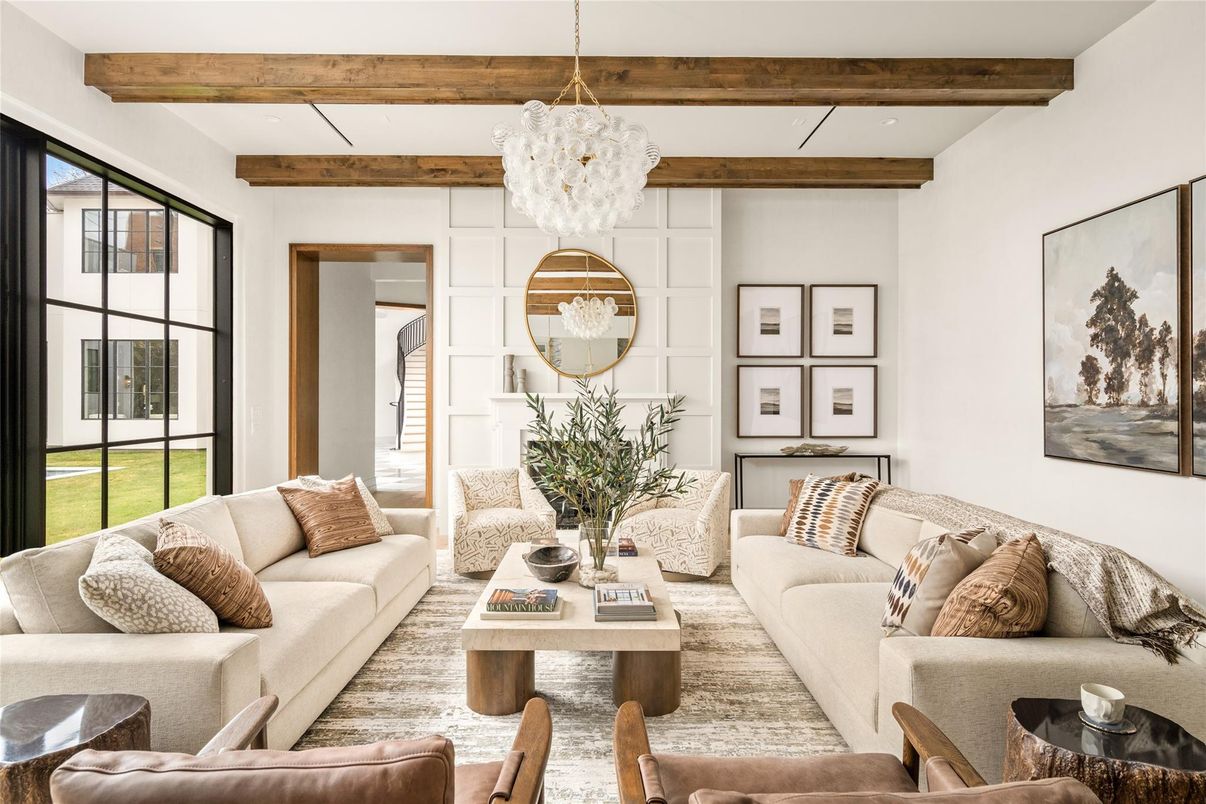 Chandelier, Interior, Living room, Recessed Lighting, Wooden Beams, Wood Texture Flooring