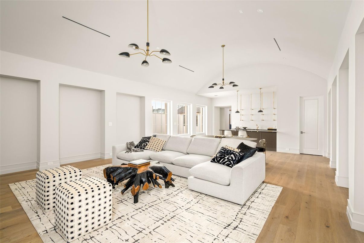 Interior, Kitchen, Living room, Pendant Lights, Wood Texture Flooring