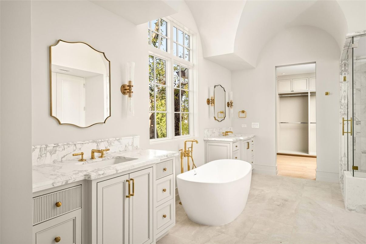 Bathroom, Dual Sink Vanities, Free Standing Baths, Glass Shower, Interior, Marble