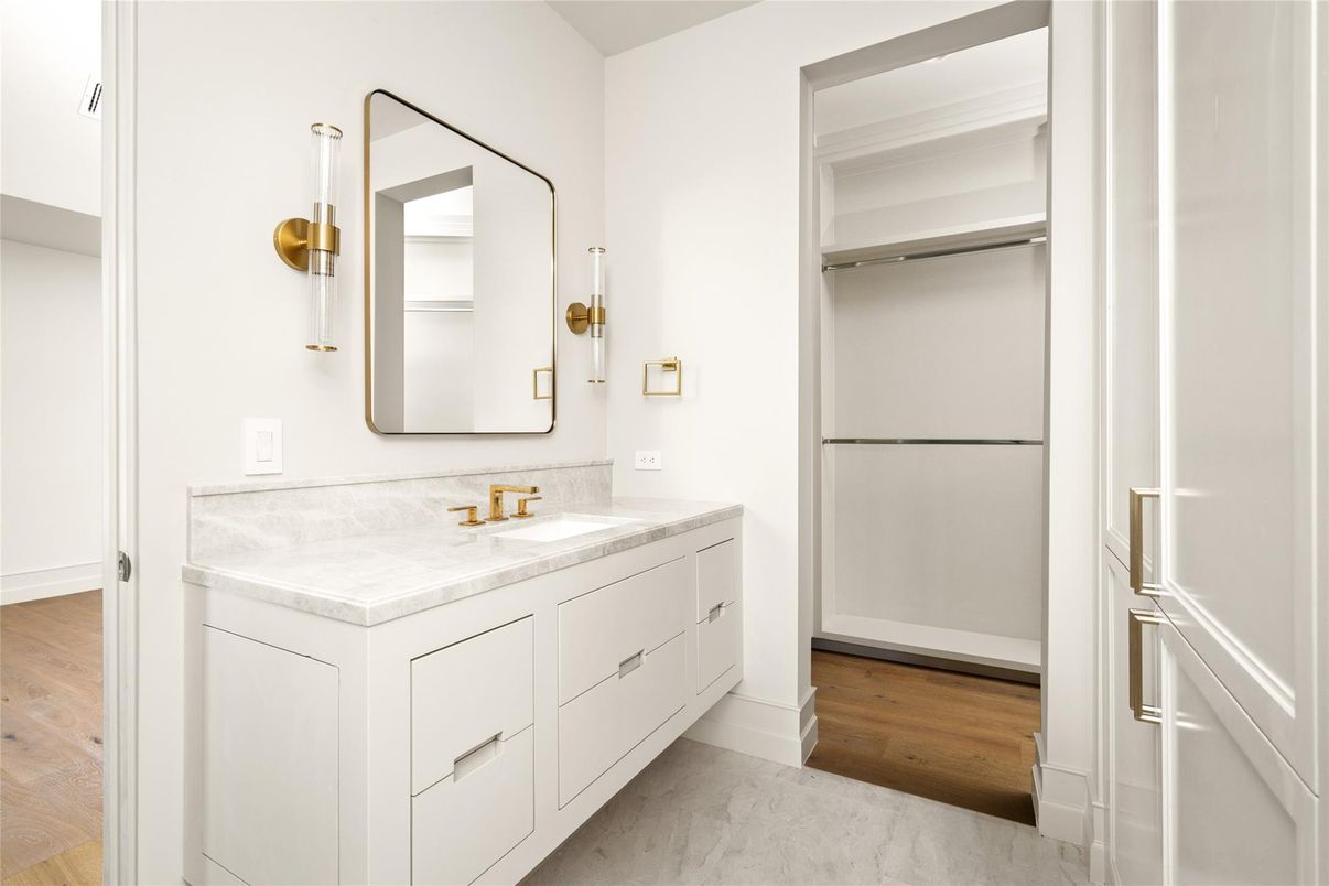 Bathroom, Dual Sink Vanities, Interior, Marble, Wood Texture Flooring