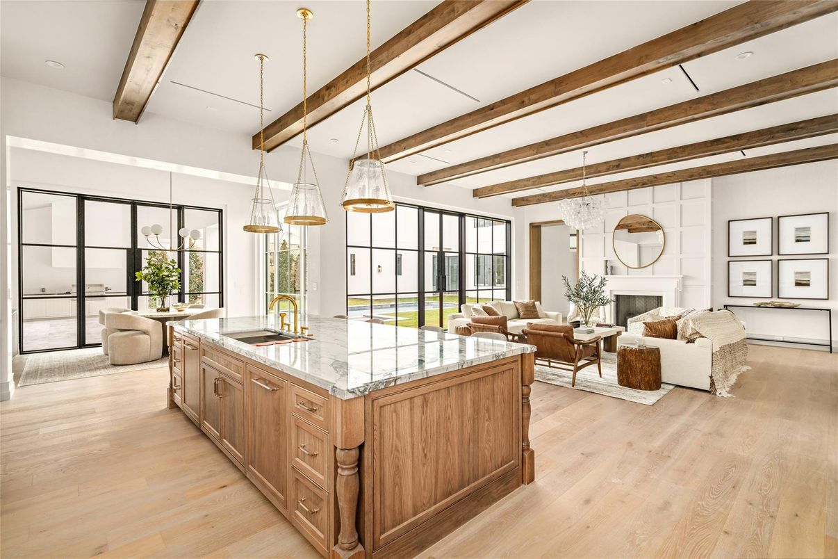 Fireplace, Interior, Kitchen, Living room, Pendant Lights, Recessed Lighting, Wooden Beams, Wood Texture Flooring