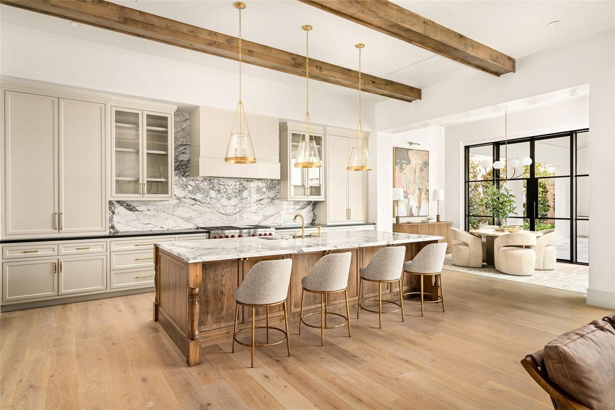 Interior, Kitchen, Marble Walls, Pendant Lights, Recessed Lighting, Wooden Beams, Wood Texture Flooring