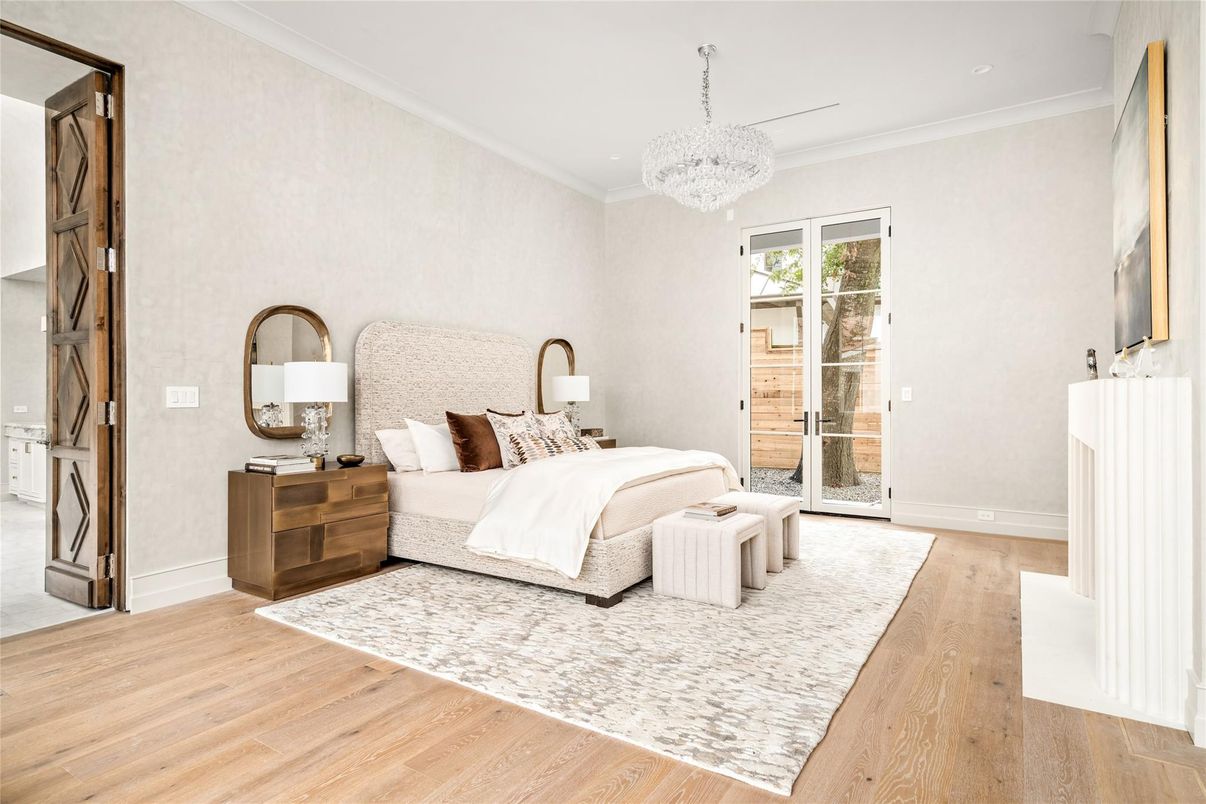 Bedroom, Chandelier, Interior, Recessed Lighting, Wood Texture Flooring