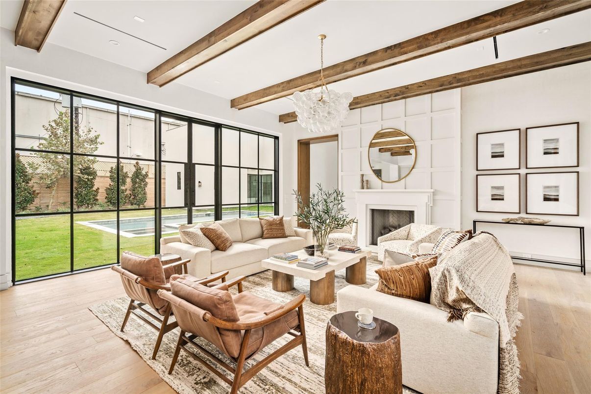 Chandelier, Fireplace, Interior, Living room, Recessed Lighting, Wooden Beams, Wood Texture Flooring