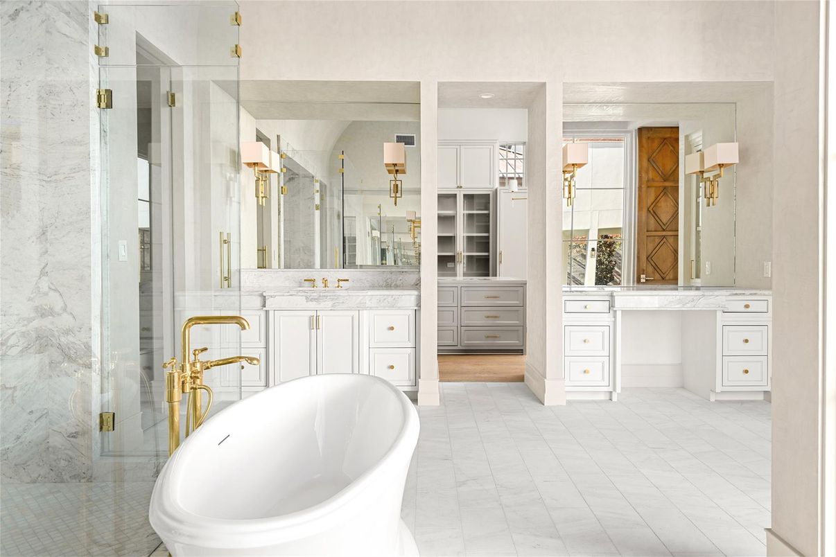 Bathroom, Dual Sink Vanities, Free Standing Baths, Glass Shower, Interior, Marble, Marble Walls, Wood Texture Flooring