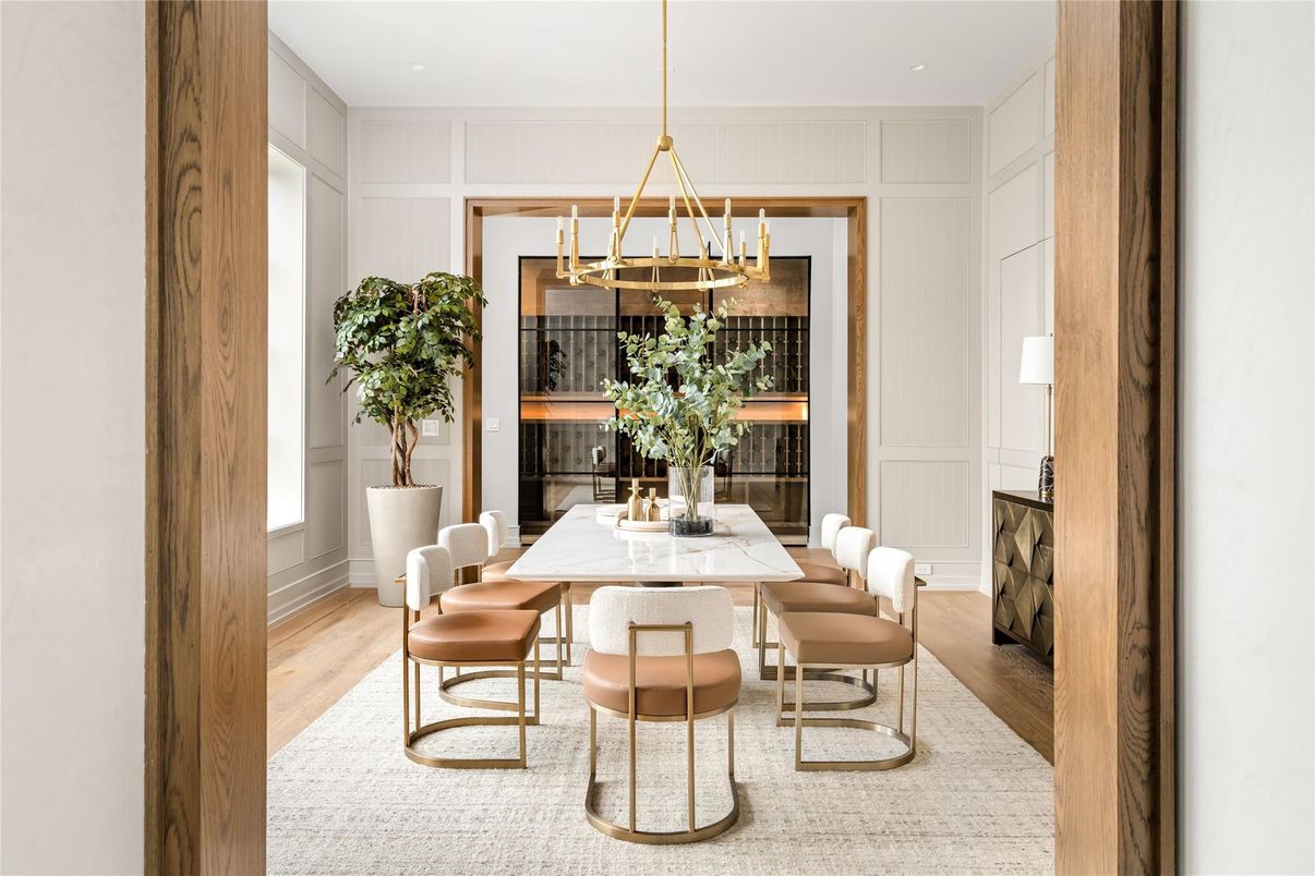Dining room, Interior, Pendant Lights, Recessed Lighting, Wood Texture Flooring