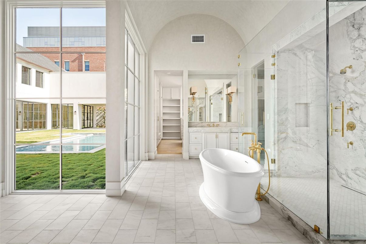 Bathroom, Free Standing Baths, Glass Shower, Interior, Marble, Marble Walls