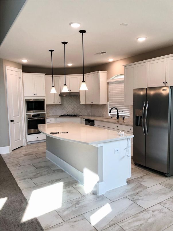 Interior, Kitchen, Marble, Pendant Lights, Recessed Lighting, Stainless Steel Appliances