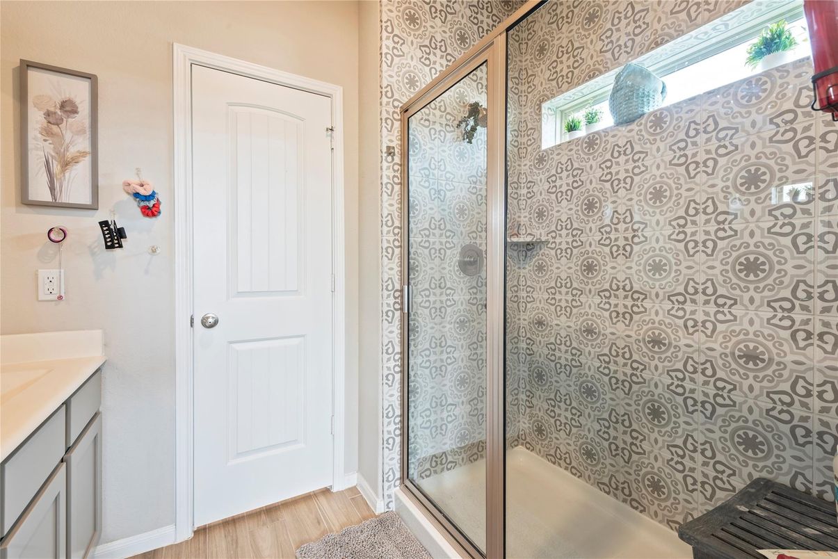 Bathroom, Glass Shower, Interior, Wood Texture Flooring