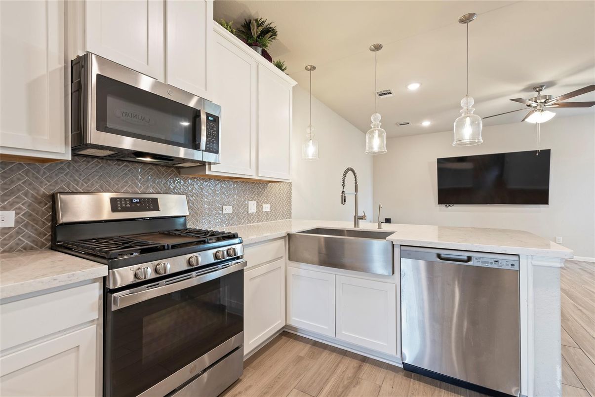 Interior, Kitchen, Pendant Lights, Recessed Lighting, Stainless Steel Appliances, Wood Texture Flooring