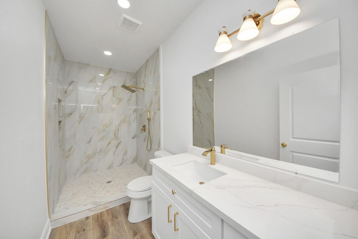 Bathroom, Glass Shower, Interior, Marble Walls, Recessed Lighting, Wood Texture Flooring