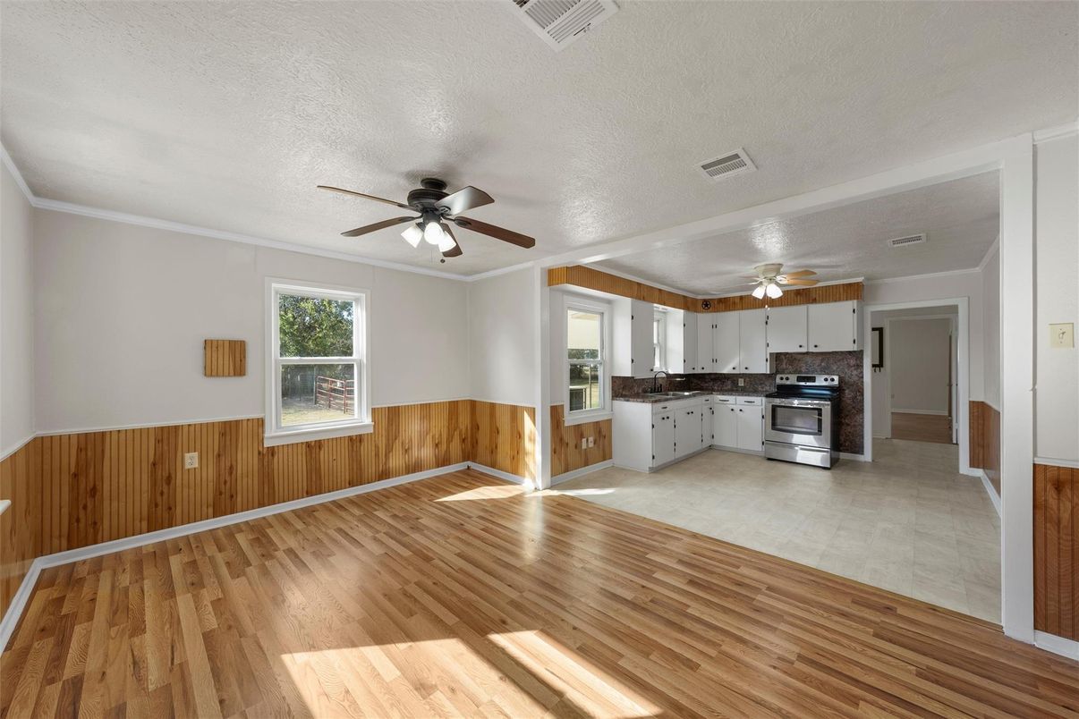 Empty room, Interior, Kitchen, Stainless Steel Appliances, Wood Texture Flooring