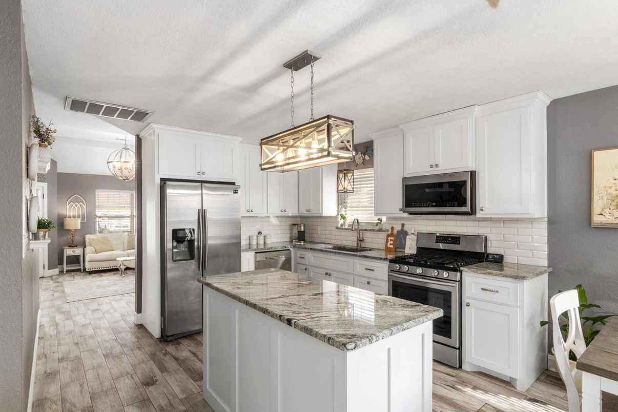 Chandelier, Interior, Kitchen, Living room, Pendant Lights, Stainless Steel Appliances, Wood Texture Flooring