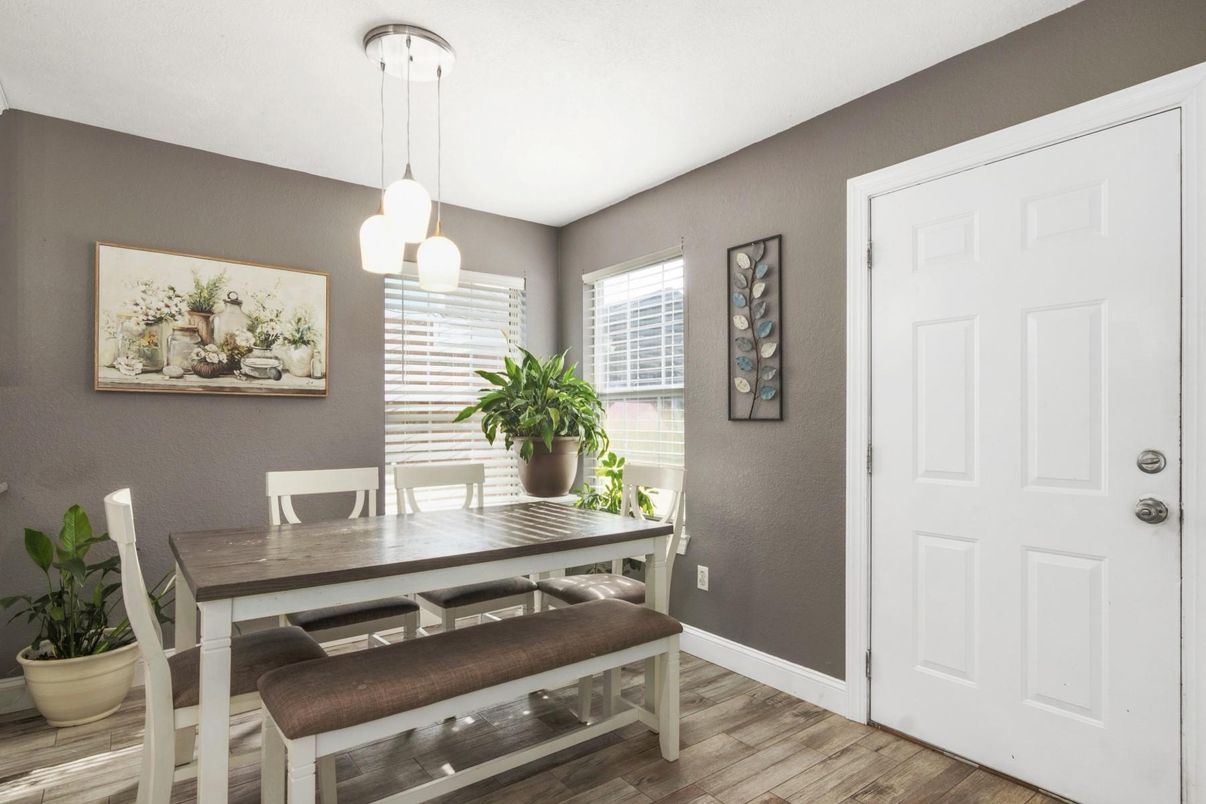 Dining room, Interior, Pendant Lights, Wood Texture Flooring