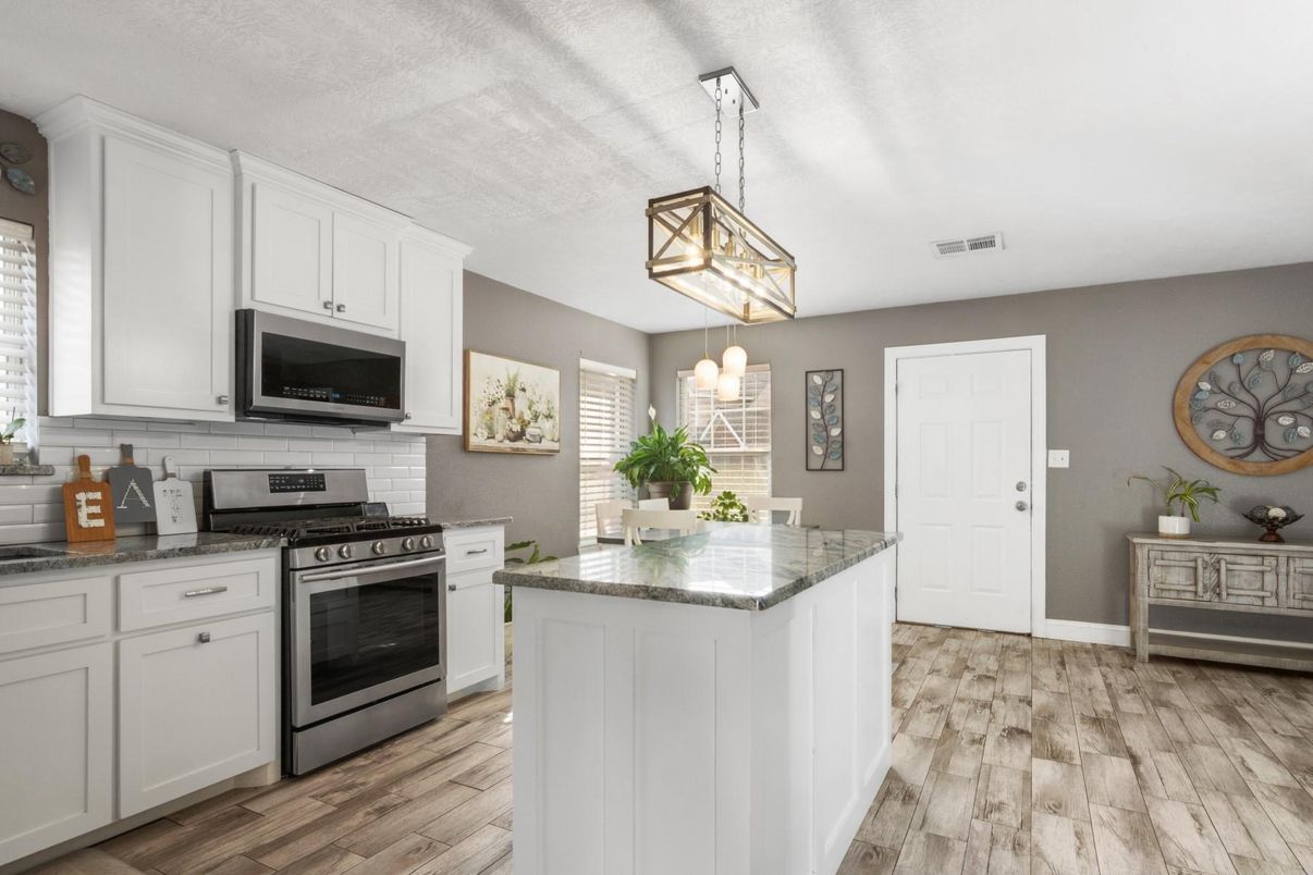 Interior, Kitchen, Pendant Lights, Stainless Steel Appliances, Wood Texture Flooring