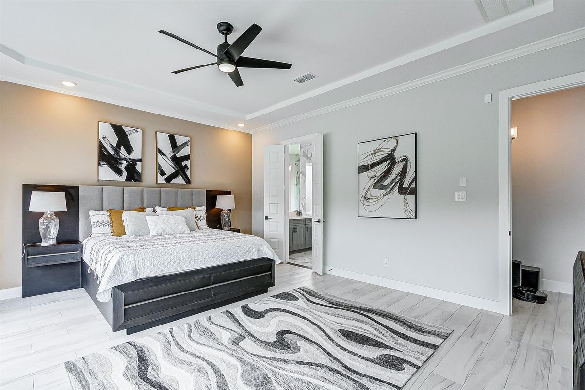 Bedroom, Interior, Recessed Lighting, Wood Texture Flooring