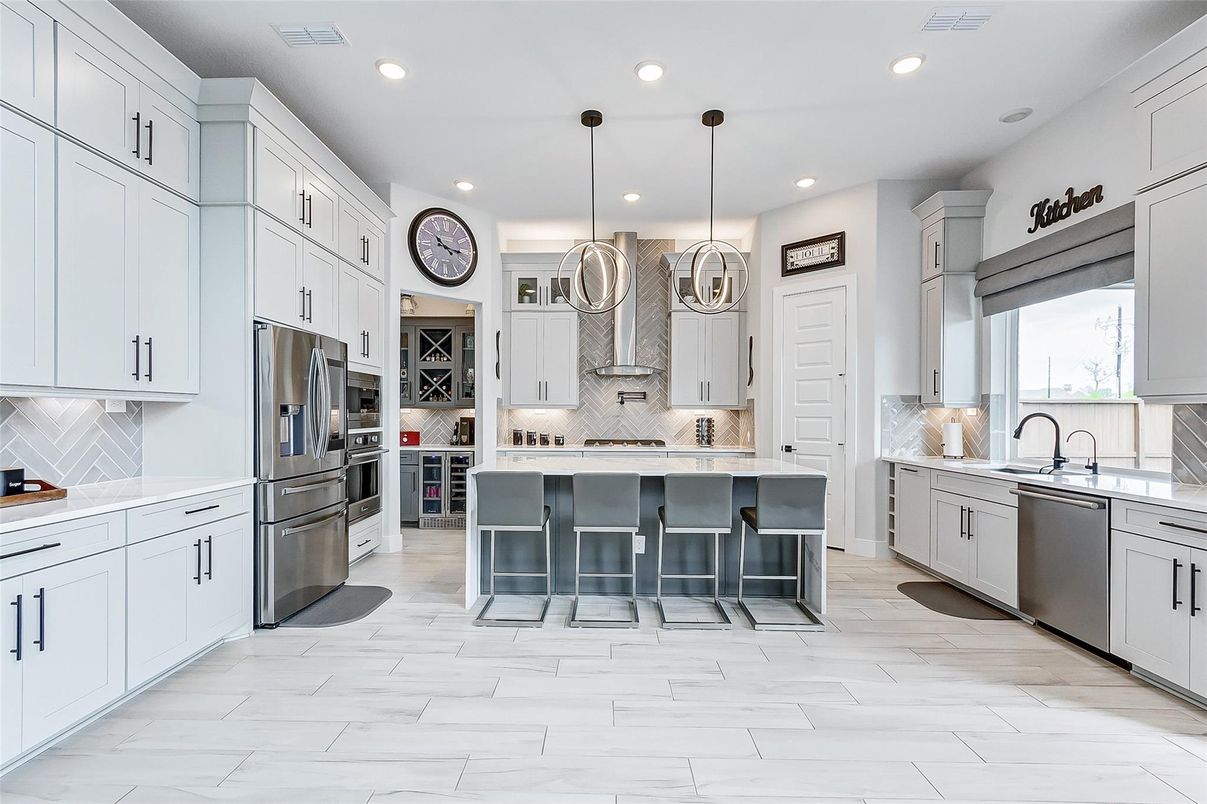 Interior, Kitchen, Marble, Pendant Lights, Recessed Lighting, Stainless Steel Appliances