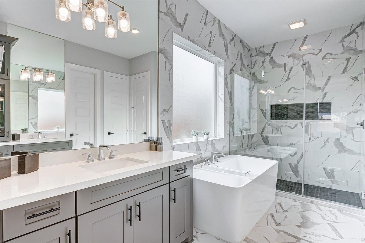 Bathroom, Dual Sink Vanities, Glass Shower, Interior, Marble, Marble Walls