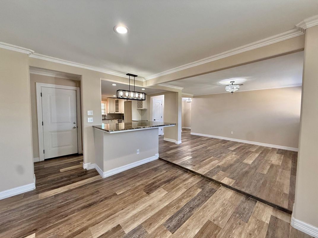 Empty room, Interior, Kitchen, Pendant Lights, Recessed Lighting, Wood Texture Flooring