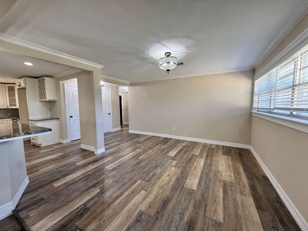 Empty room, Interior, Kitchen, Recessed Lighting, Wood Texture Flooring