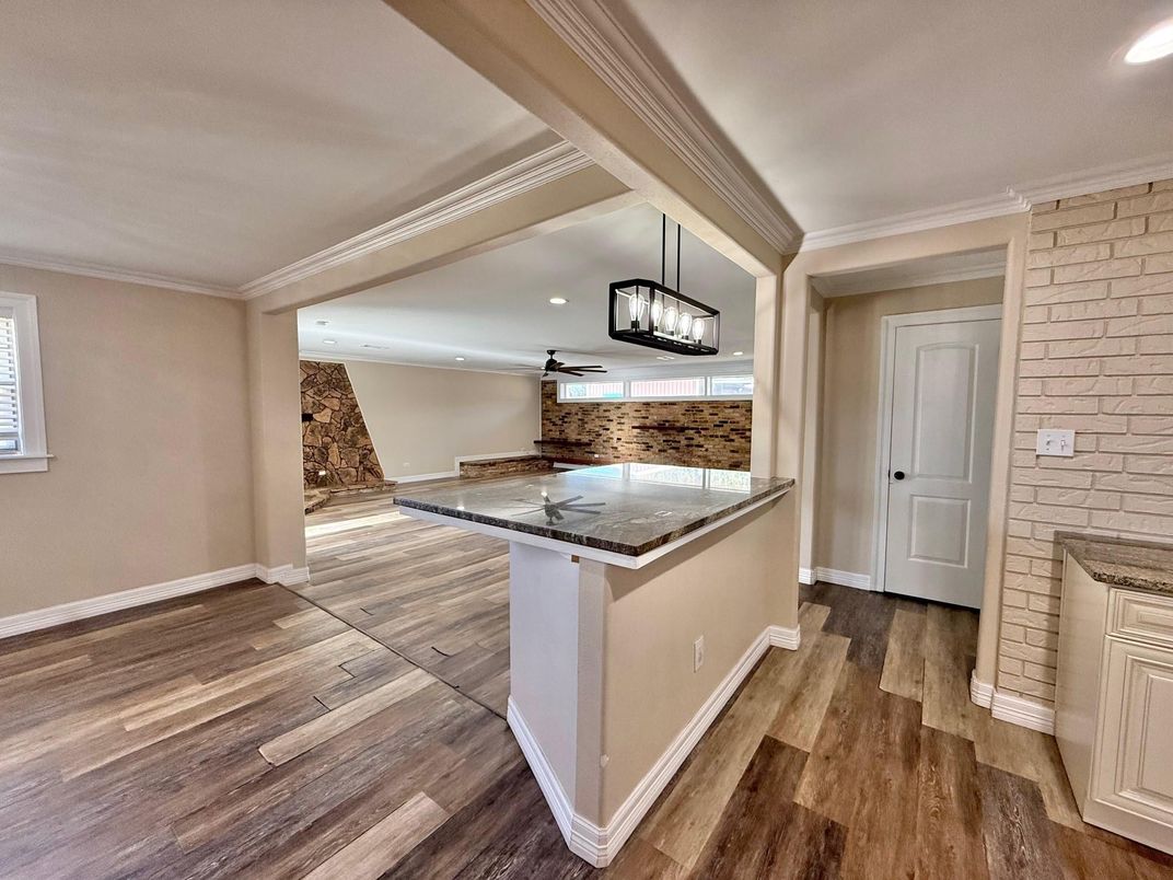 Interior, Kitchen, Pendant Lights, Recessed Lighting, Stone Walls, Wood Texture Flooring