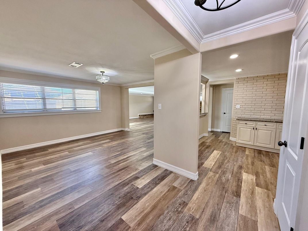 Empty room, Interior, Recessed Lighting, Stone Walls, Wood Texture Flooring
